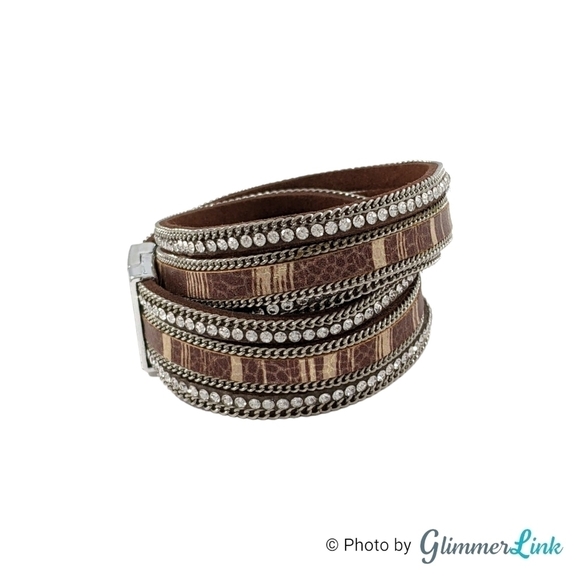 Brown Multi Strand Faux Leather Rhinestones Wrap Bracelet Magnetic Clasp - Picture 5 of 9